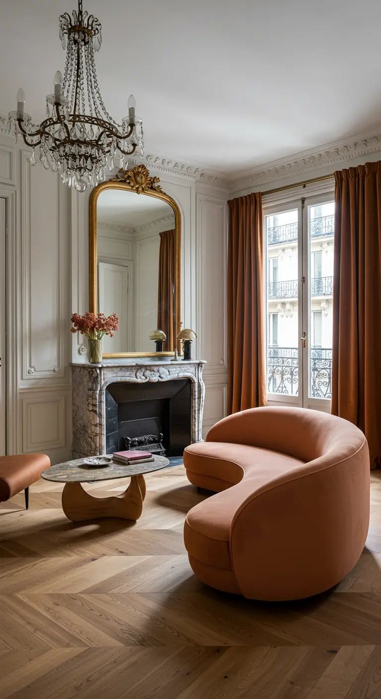 Appartement haussmannien avec canapé incurvé terracotta et grand miroir doré.