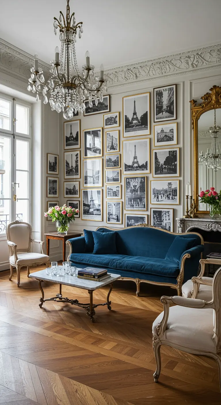Salon parisien élégant avec un mur de cadres dorés représentant des scènes de Paris en noir et blanc.