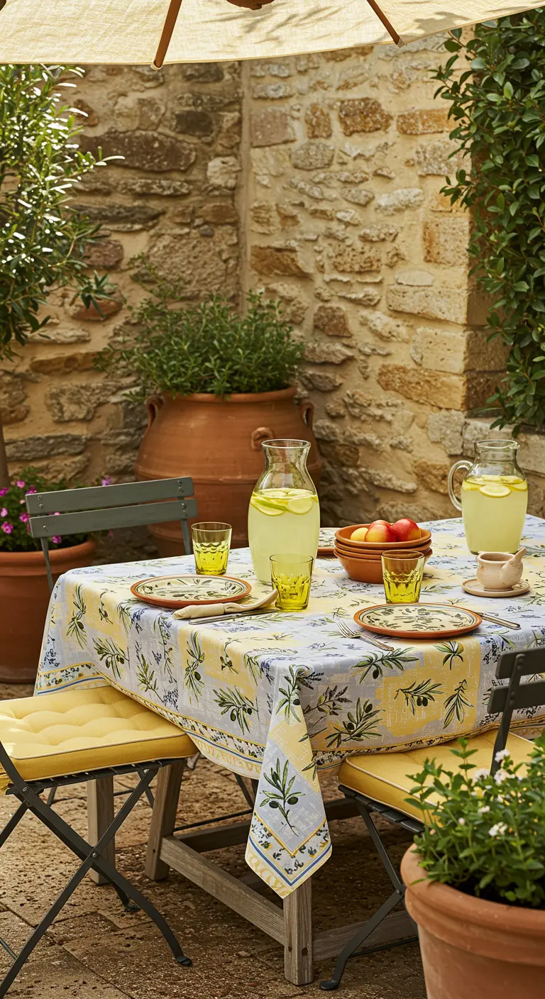 Table provençale avec nappe motif olive, chaises en métal vert et pots en terre cuite.