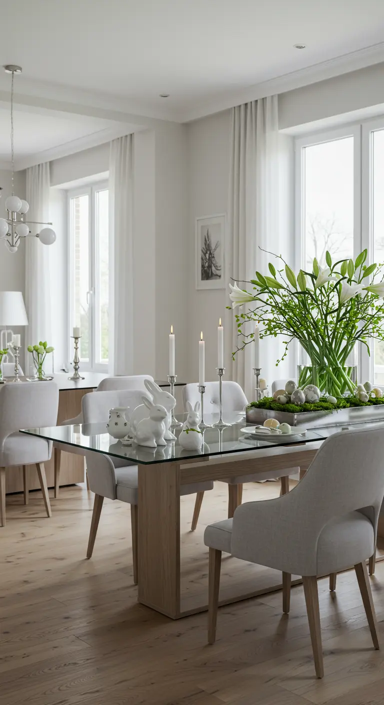 Centre de table de Pâques moderne avec verdure, lys blancs, lapins en céramique et œufs.
