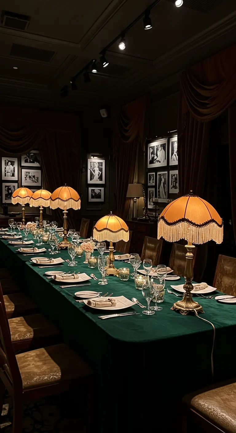 Longue table de dîner avec des lampes à abat-jour frangé oranges, nappe verte.