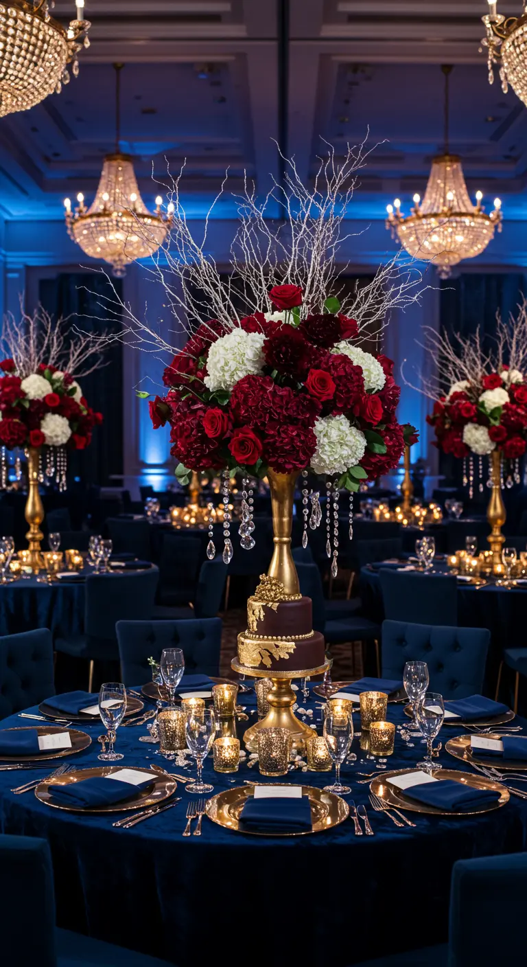 Centre de table floral rouge, blanc et or avec des guirlandes de cristaux, dans une salle de réception somptueuse.