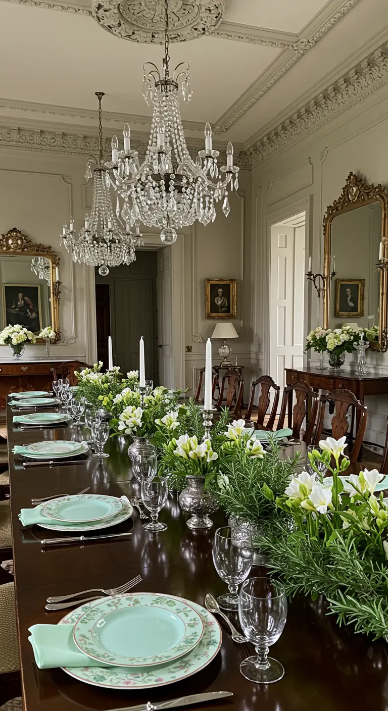 Grande table de salle à manger luxueuse avec un chemin de table floral de romarin et freesias blancs.