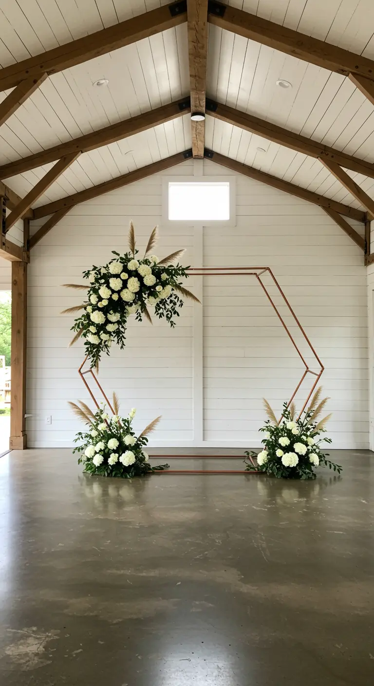 Arche hexagonale cuivrée dans une grange blanche, avec une grande composition florale.