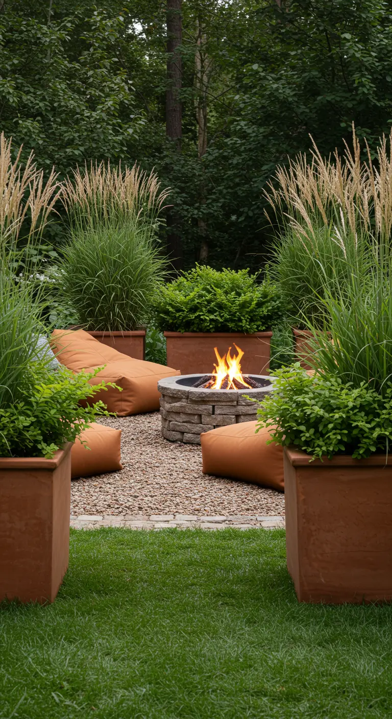Jardinières en terre cuite avec des graminées autour d'un foyer extérieur et des poufs