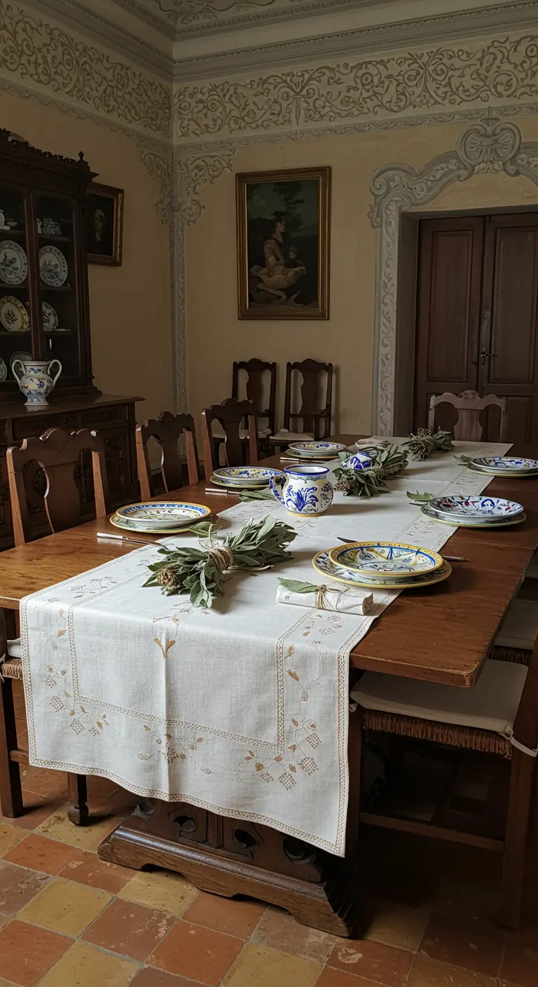 Table de salle à manger formelle avec un chemin de table brodé.