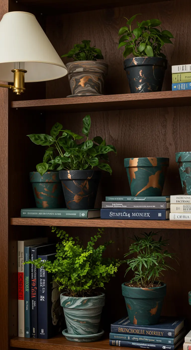 Pots marbrés vert foncé, noir et cuivre avec plantes vertes sur une bibliothèque en bois.