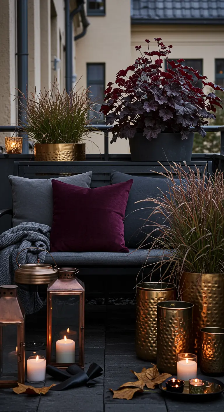 Balcon sombre et élégant avec des lanternes en cuivre et des coussins en velours prune.