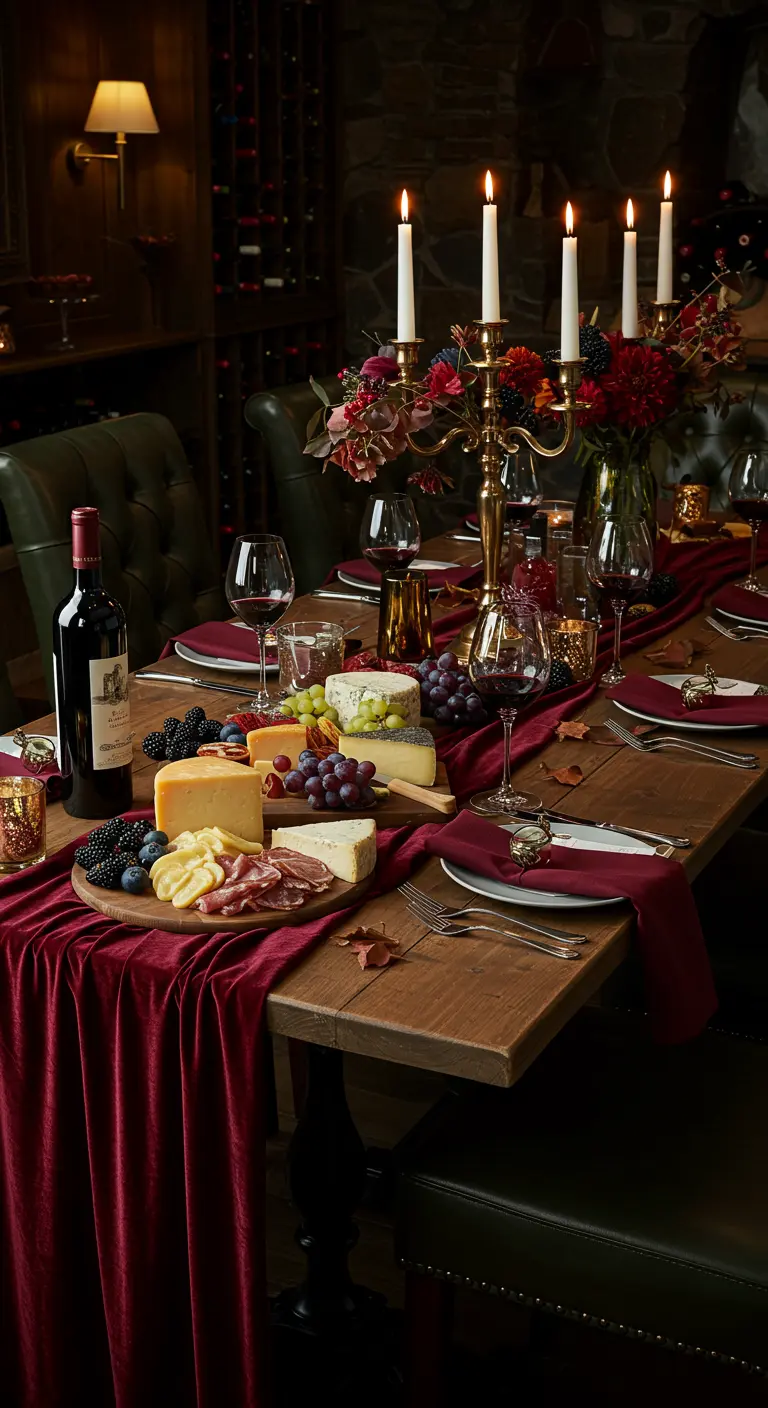 Dîner dans une cave à vin avec bougies, nappe velours, plateau de fromages et raisins.