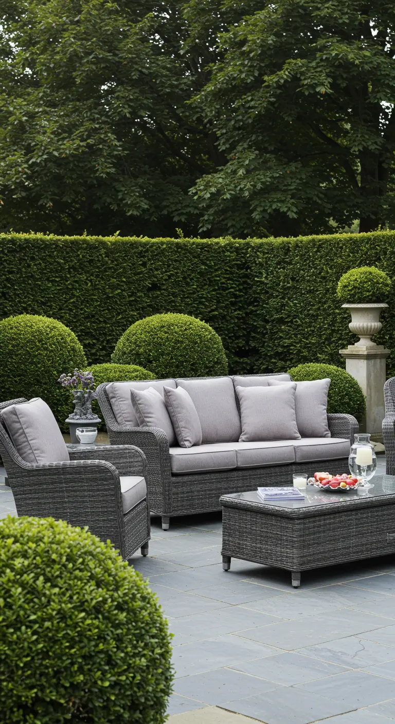 Salon de jardin en rotin gris avec des coussins gris clair dans un jardin formel avec des buis taillés.