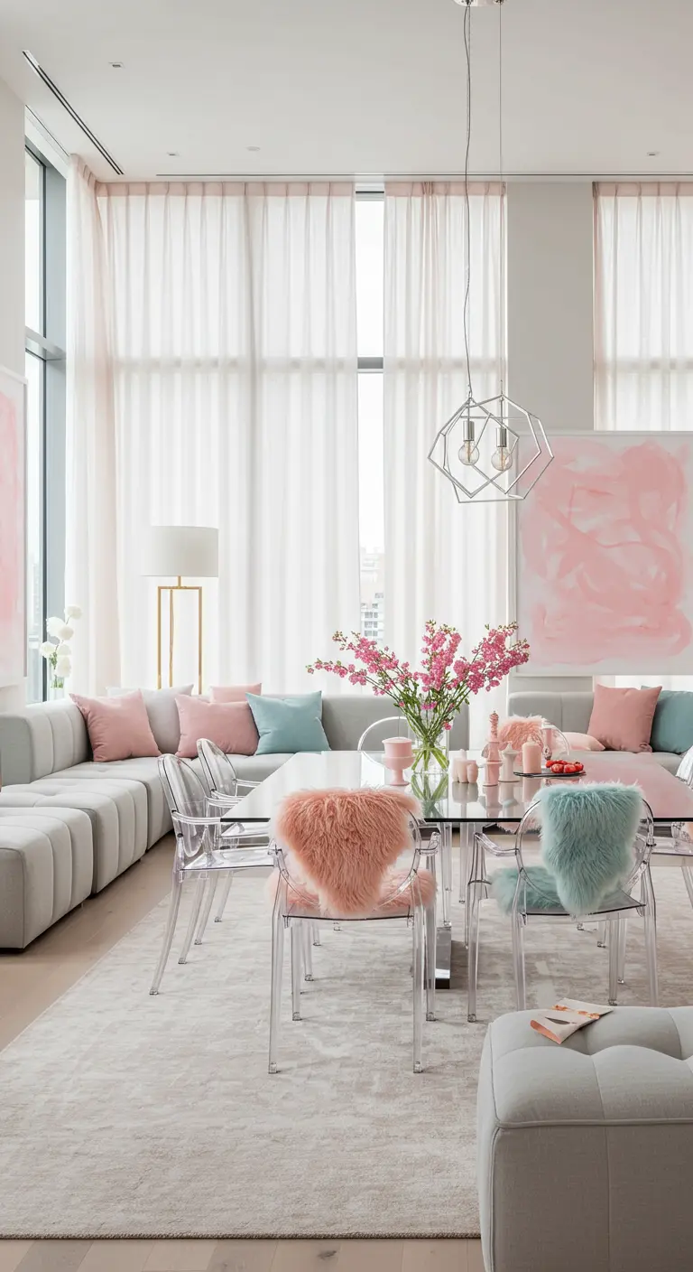 Salon/salle à manger ouvert avec chaises transparentes, plaids pastel et canapé modulaire.