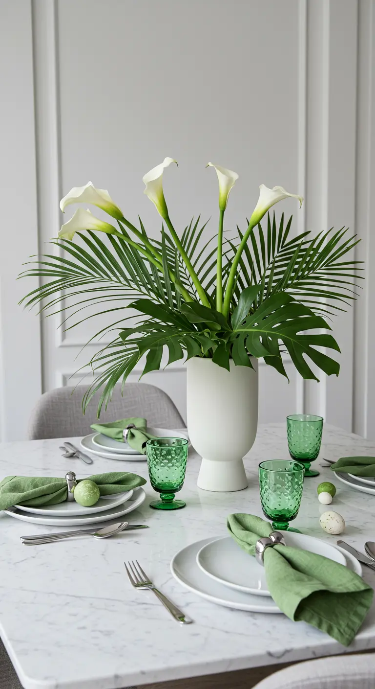 Composition moderne d'arums blancs et de feuilles de palme dans un vase blanc.