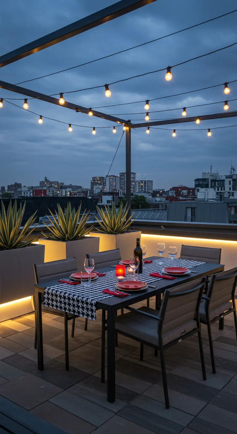 Table moderne sur toit-terrasse avec guirlandes lumineuses, plantes en pots et éclairage LED discret.