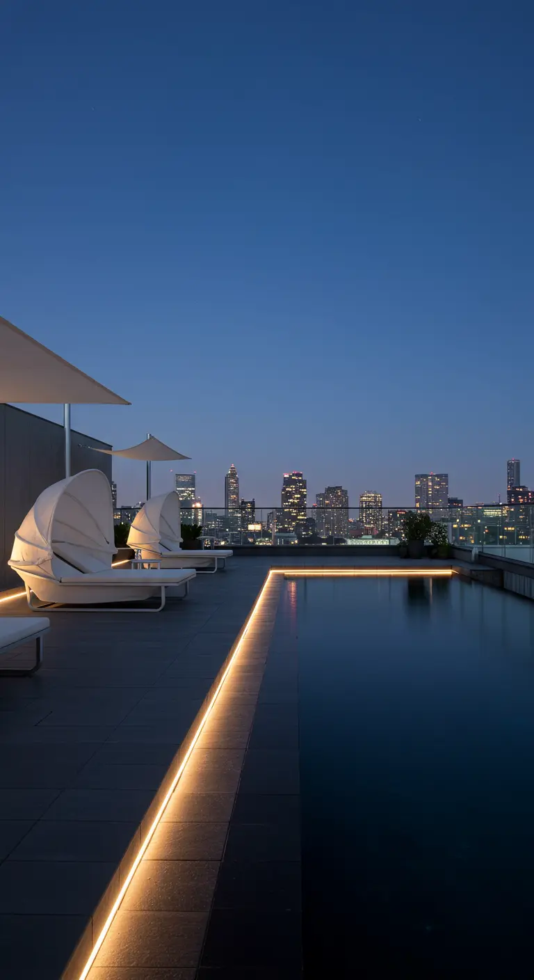 Piscine sur un toit-terrasse la nuit, avec des lumières LED linéaires et des chaises longues modernes.