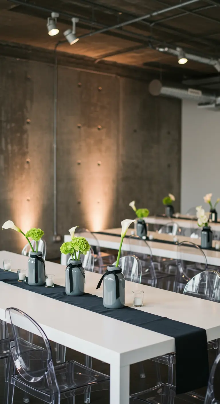 Centres de table modernes avec bocaux gris, callas blancs et verts, sur une longue table blanche.