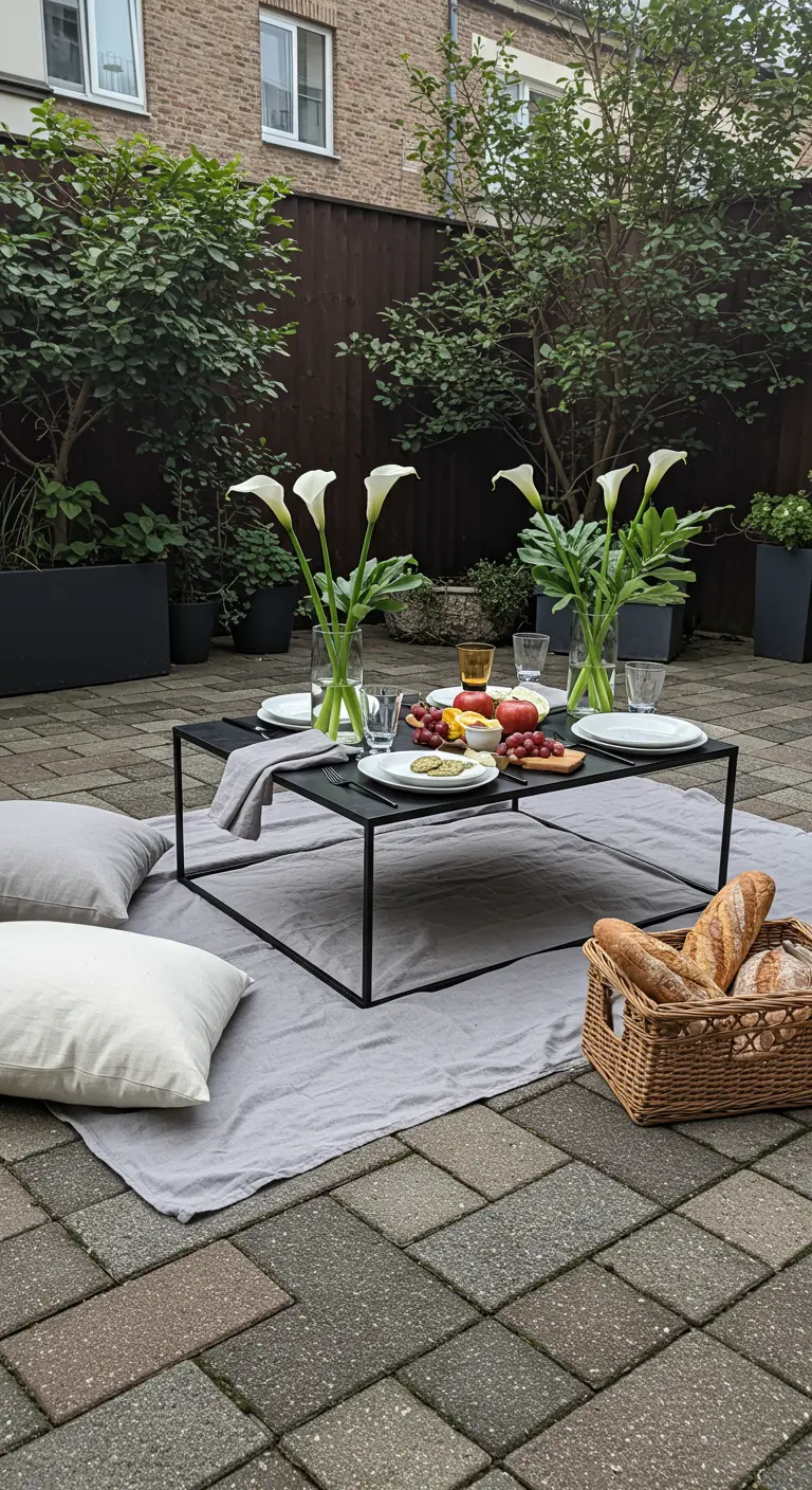Pique-nique minimaliste en patio avec table basse noire, nappe grise, callas blancs et panier de pain.