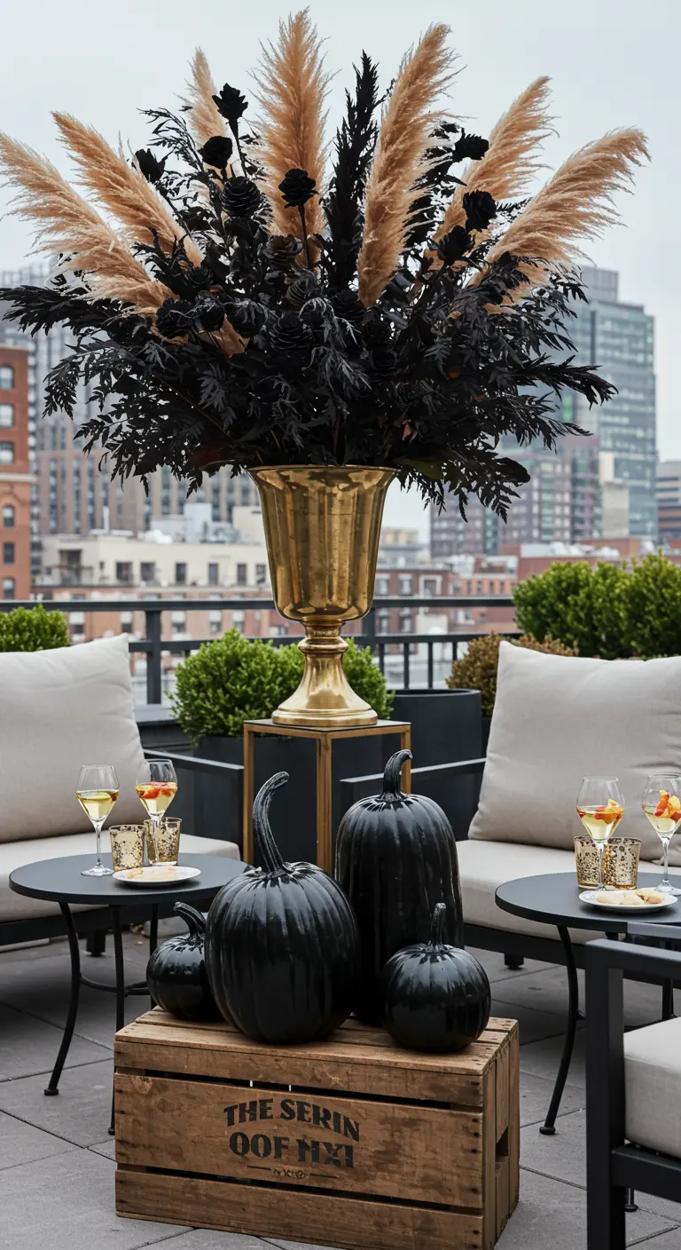 Terrasse de toit chic avec des citrouilles noires et un grand arrangement floral noir et or.