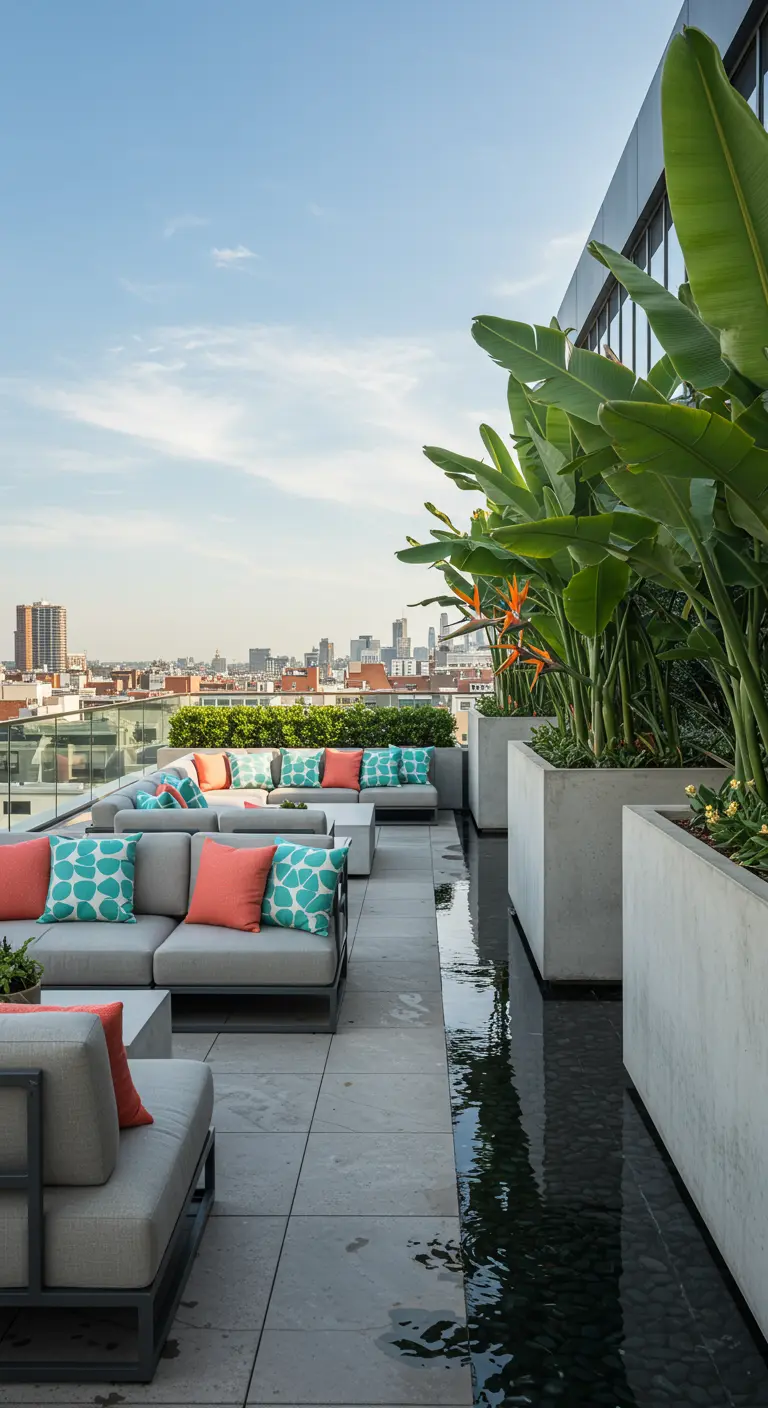 Terrasse de toit moderne avec plantes tropicales, mobilier gris et coussins bleu sarcelle et orange.