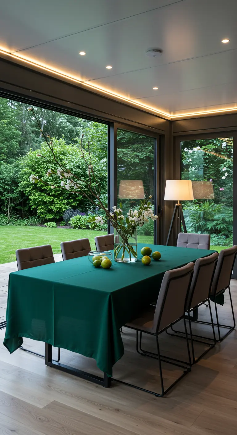 Table verte dans une véranda moderne avec de grandes baies vitrées donnant sur un jardin verdoyant, branches fleuries en centre.