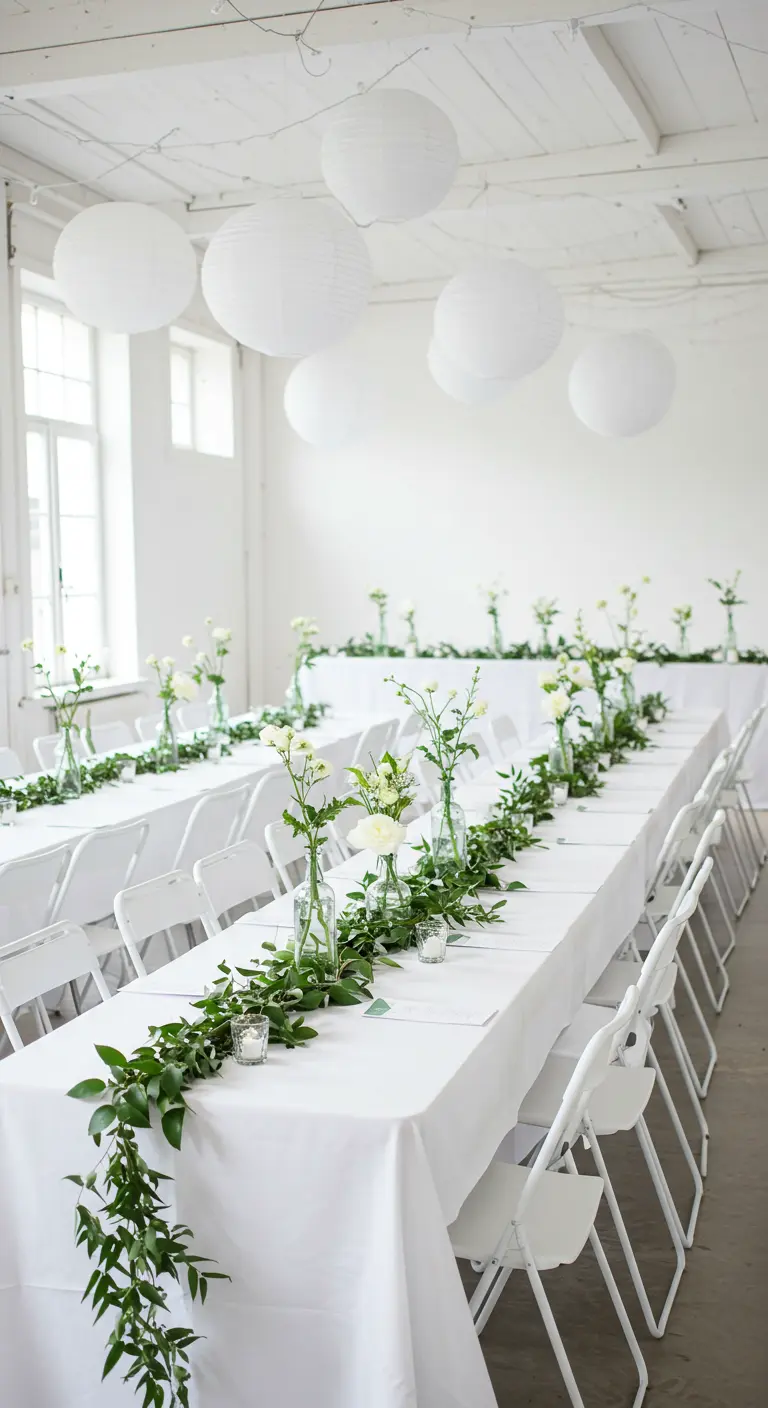 Longues tables blanches décorées de guirlandes vertes, vases de fleurs blanches et lampions blancs.