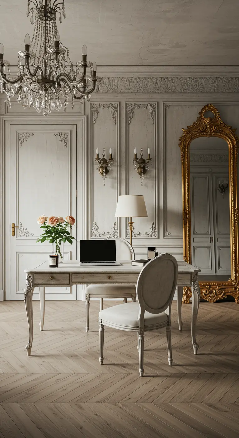 Bureau blanc de style classique dans une pièce avec moulures, lustre et miroir doré.