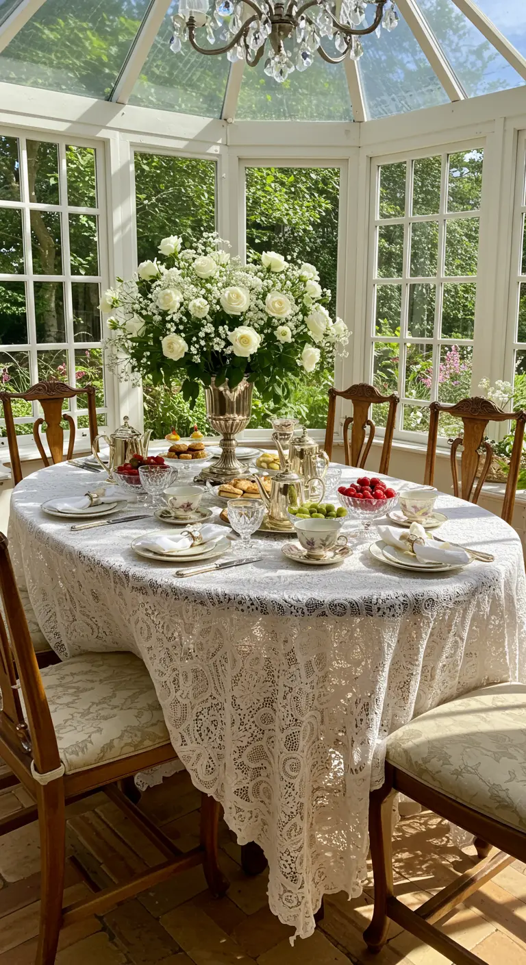 Table ronde avec nappe en dentelle, grand bouquet de roses blanches et vaisselle vintage.