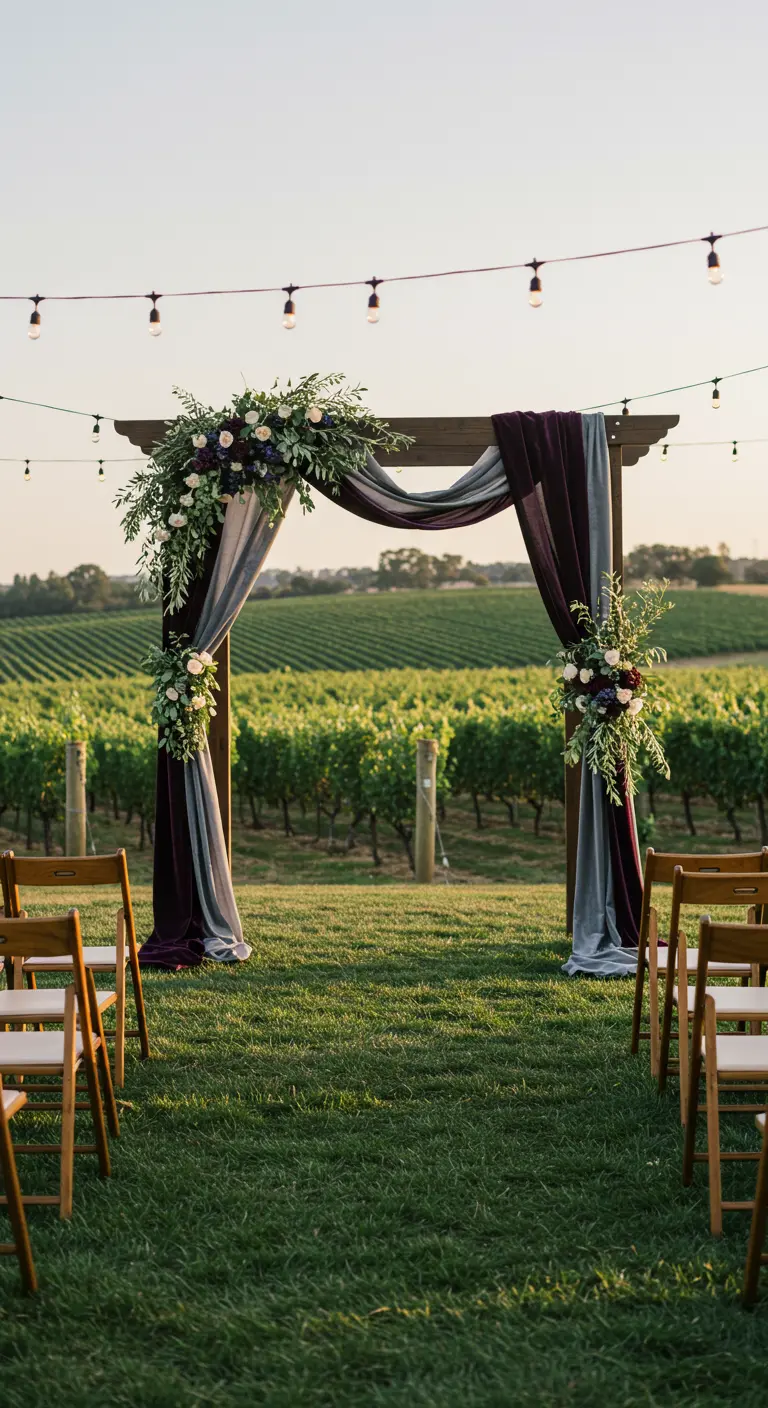 Arche de mariage dans un vignoble avec tissus violet foncé et gris, feuillage vert, roses blanches et lumières.
