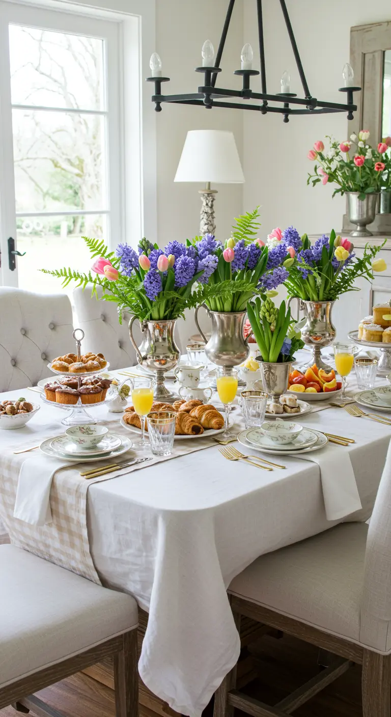Table de brunch de Pâques élégante avec vaisselle en argent, tulipes et jacinthes, nappes blanches.
