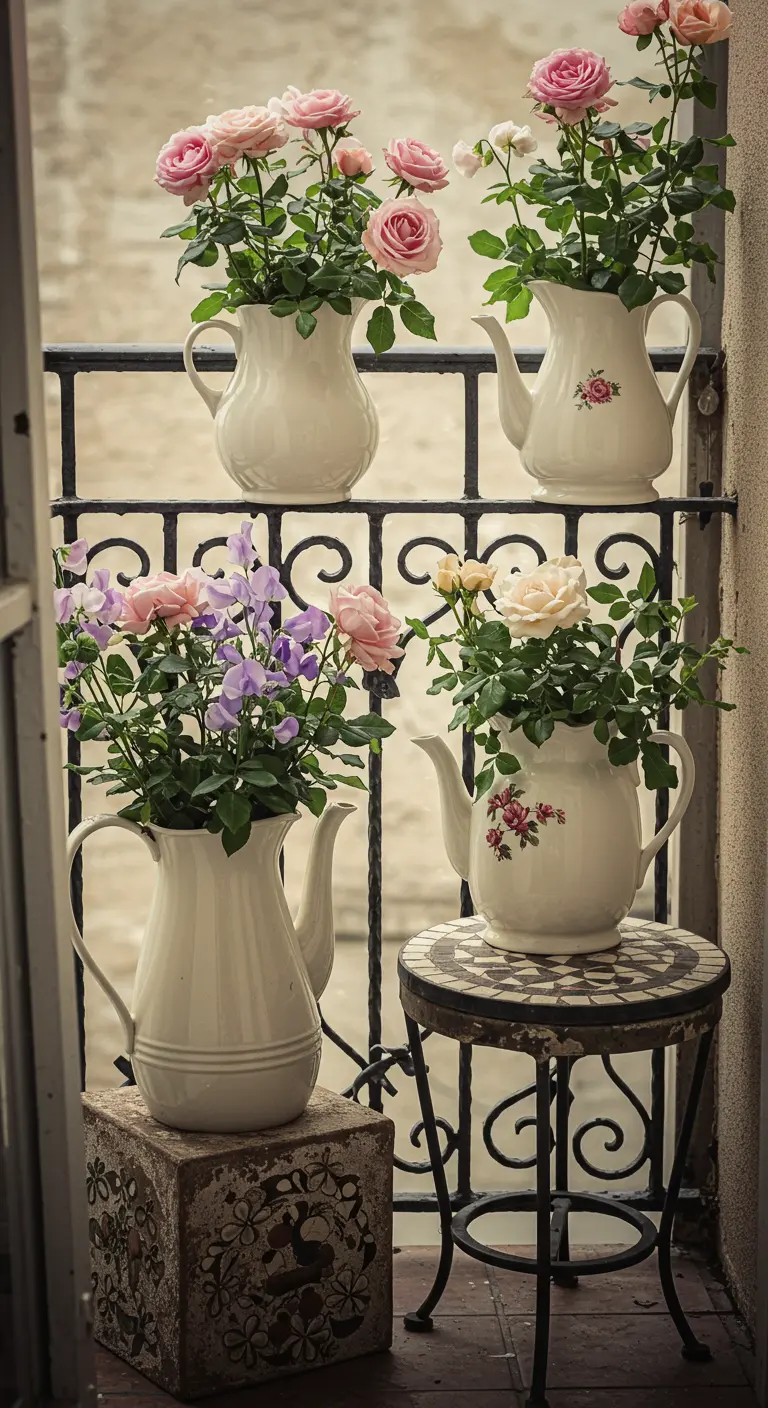 Balcon avec théières et pichets en céramique transformés en pots pour roses et pois de senteur