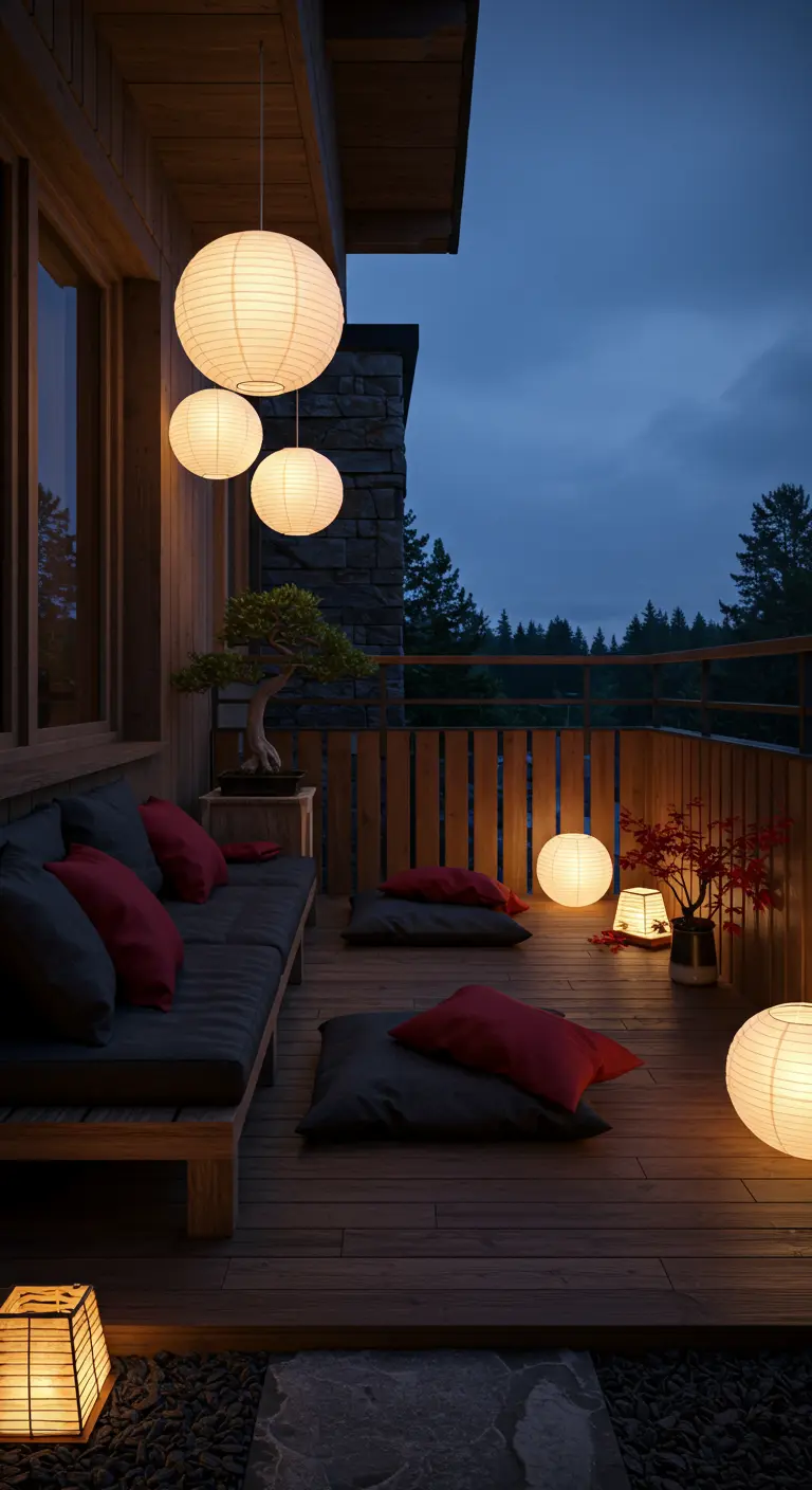 Balcon en bois style zen avec banquette, coussins rouges, lampions japonais suspendus et au sol, bonsaï.