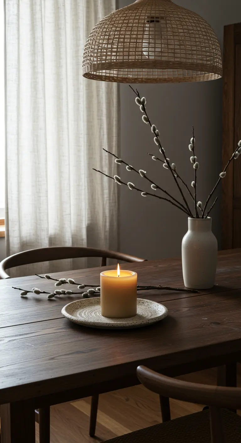 Bougie en cire d'abeille sur assiette mouchetée avec branches de saule marsault.