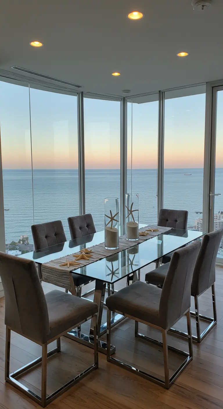Centre de table moderne avec de hauts vases en verre contenant du sable et des étoiles de mer.