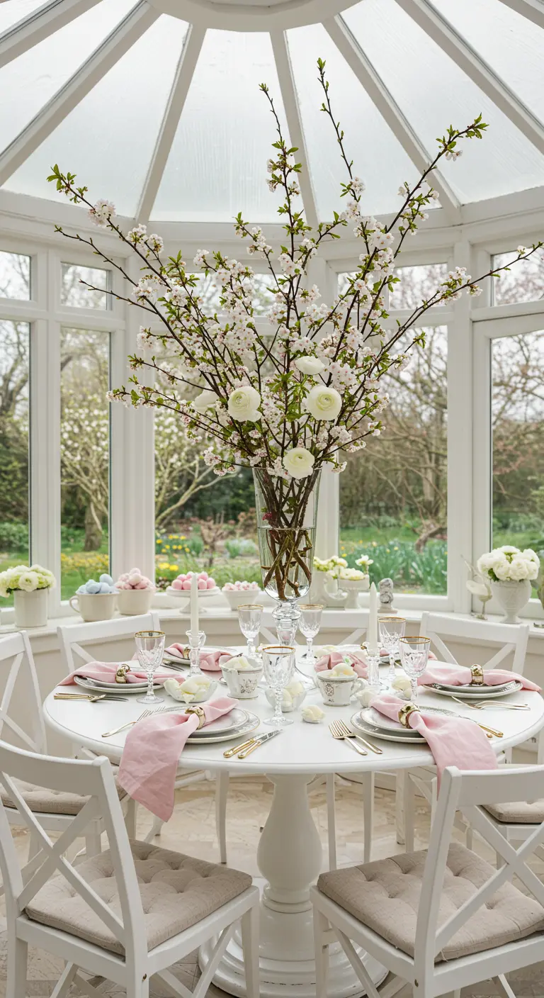 Grand bouquet de branches de cerisier en fleurs sur une table de Pâques élégante dans une véranda.