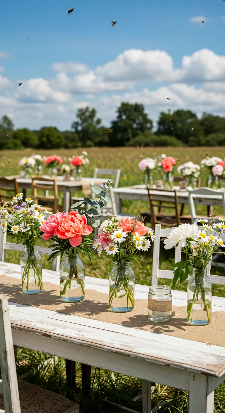 Tables de mariage champêtre en plein champ, bocaux Mason avec pivoines corail et fleurs sauvages.