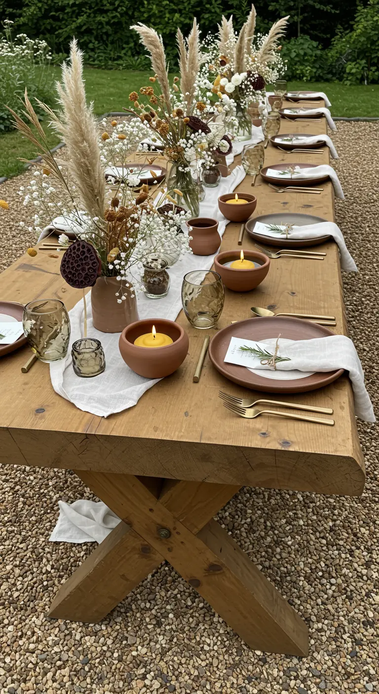 Longue table en bois sur gravier, fleurs séchées, herbe de la pampa, bougeoirs en terre cuite.