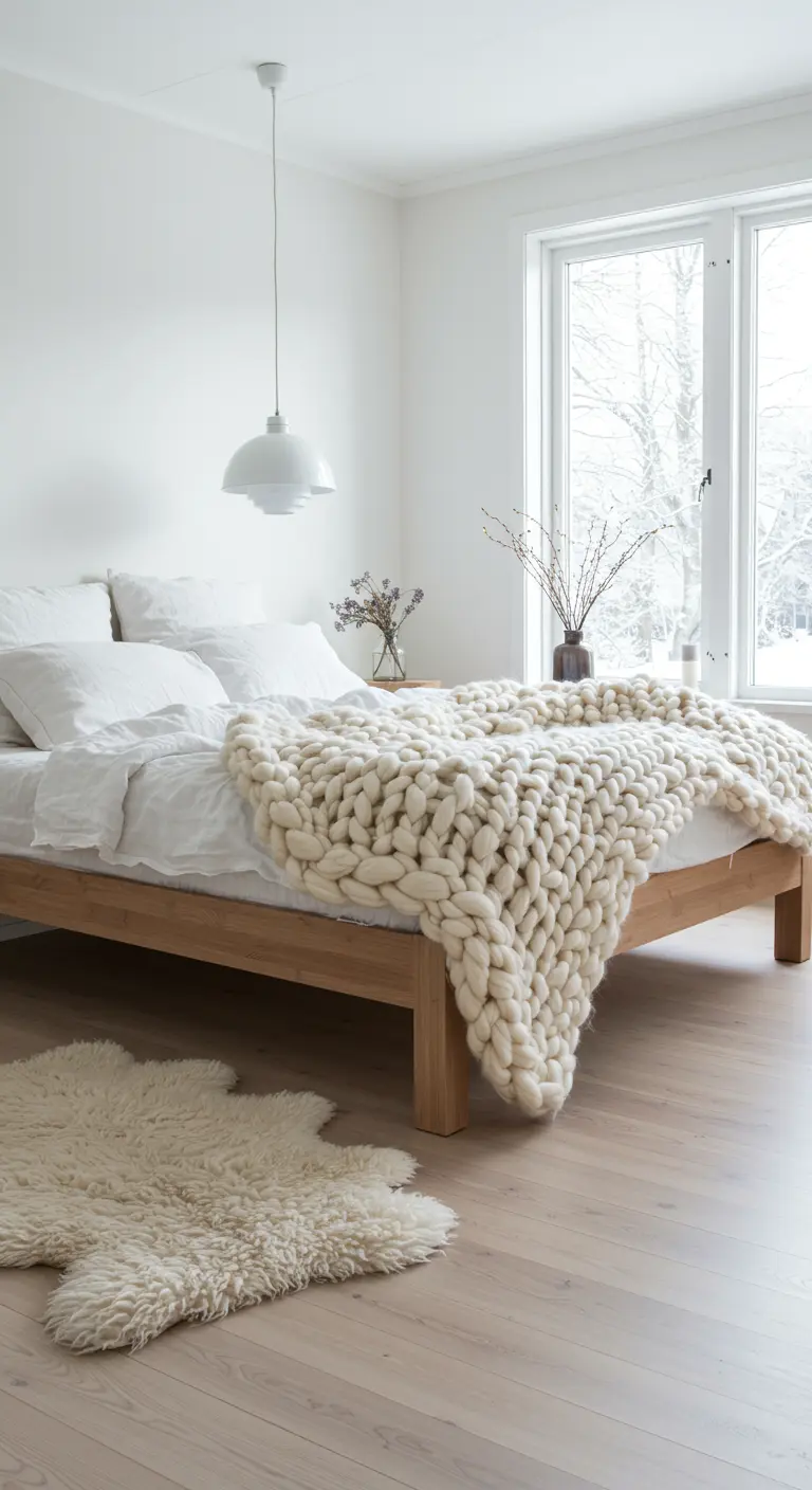 Chambre scandinave blanche avec un lit en bois clair et un plaid en grosse maille crème.