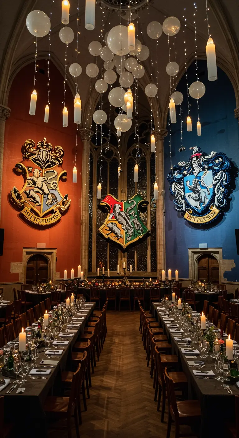 Une salle de banquet style Poudlard avec des bougies flottantes en ballons et des blasons.
