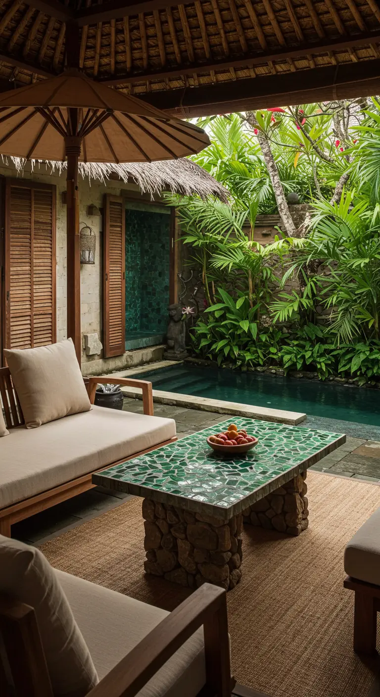 Table basse en mosaïque verte avec une base en pierre près d'une piscine.
