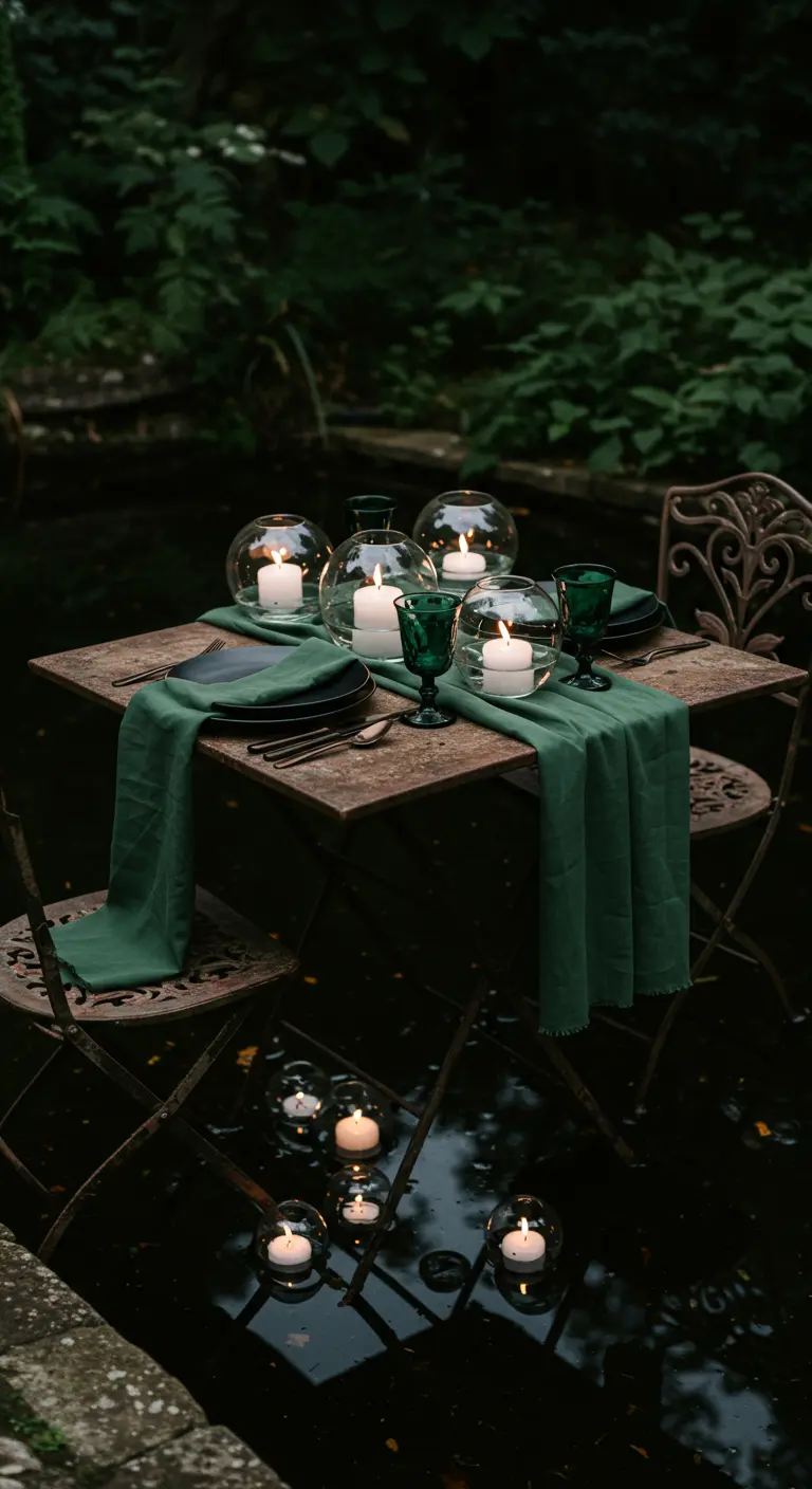 Petite table rustique près d'un étang, chemin de table vert, bougies flottantes en sphères.