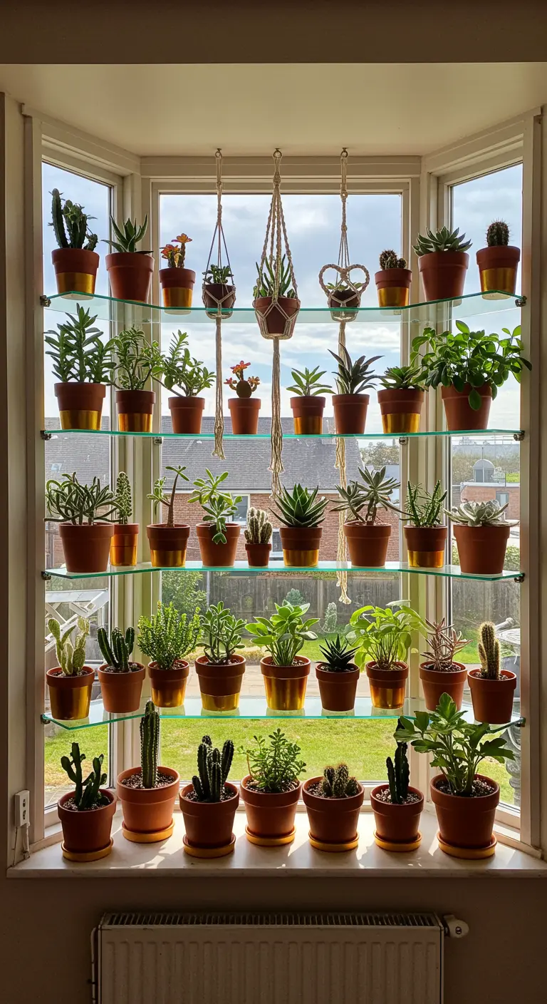 Fenêtre en baie avec des étagères en verre remplies de cactus et de succulentes en pots de terre cuite.