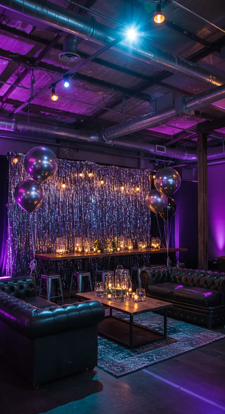 Un salon transformé en club avec des néons violets et bleus, un mur de paillettes et des canapés en cuir.