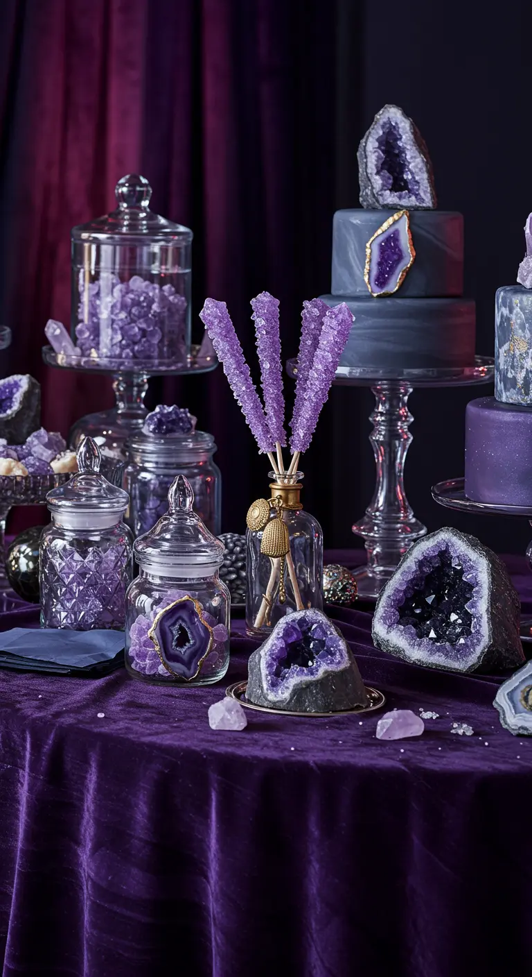 Buffet de fête violet sur le thème des cristaux avec des géodes d'améthyste et des bonbons.