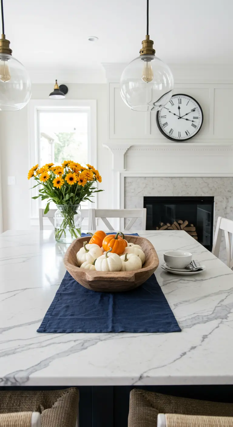 Îlot de cuisine avec chemin de table bleu, citrouilles et tournesols.