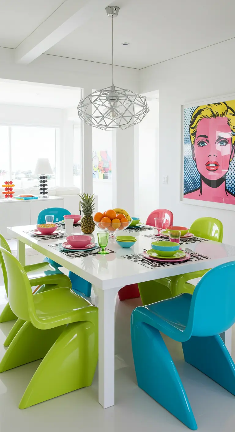 Table blanche avec chaises vertes et bleues, vaisselle pop art et grand tableau coloré.