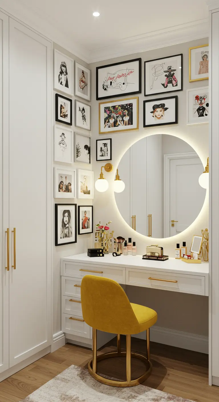 Coiffeuse blanche lumineuse, miroir rond éclairé, chaise jaune velours, mur de cadres.