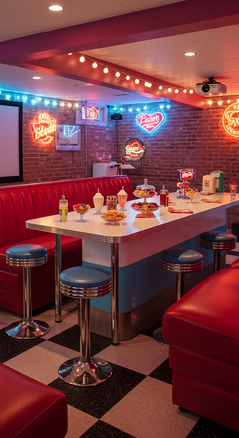 Table de diner rétro avec banquettes rouges, néons lumineux et friandises variées.