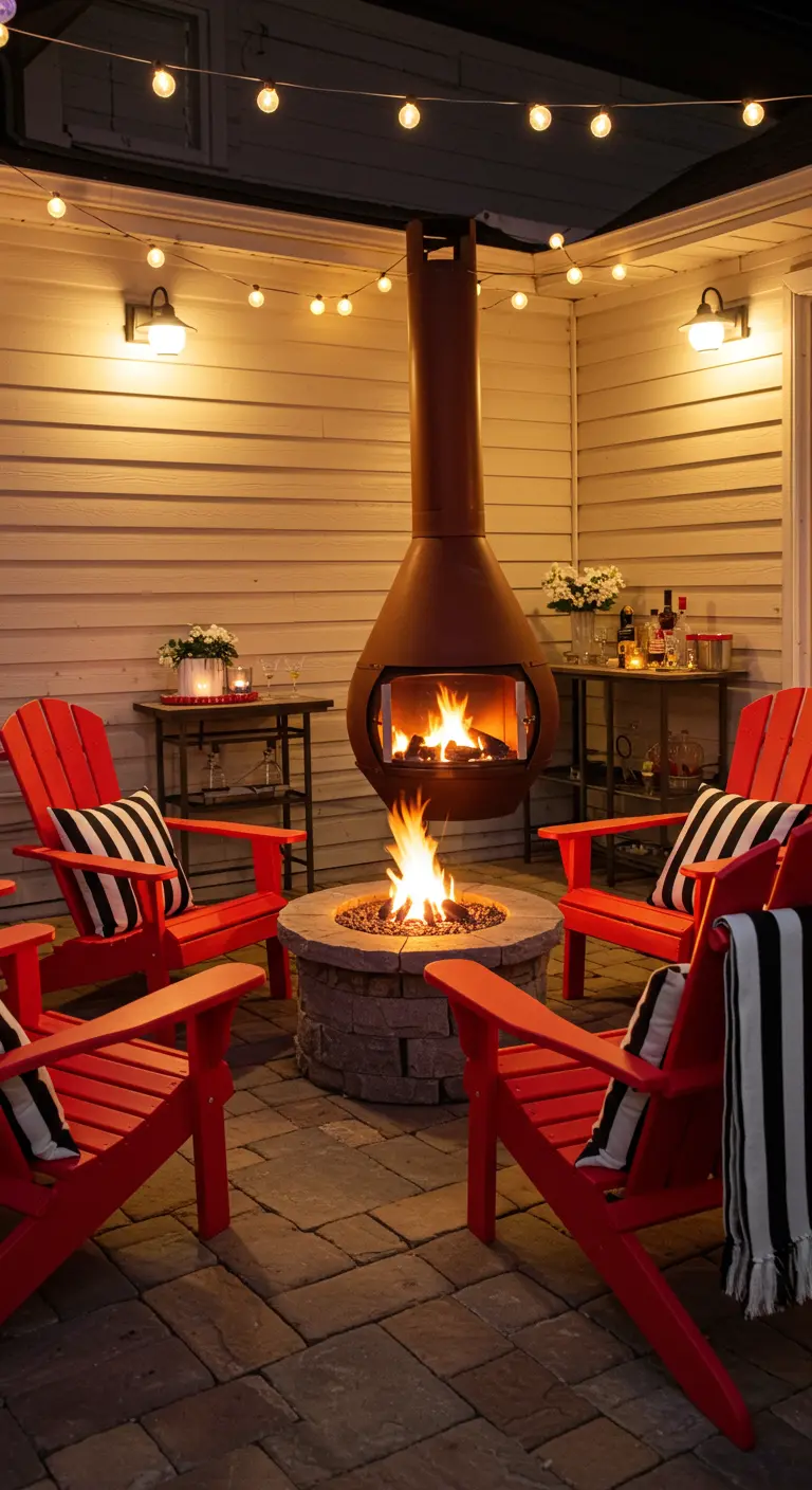Patio avec fauteuils Adirondack rouges, brasero en pierre, cheminée en métal et coussins rayés