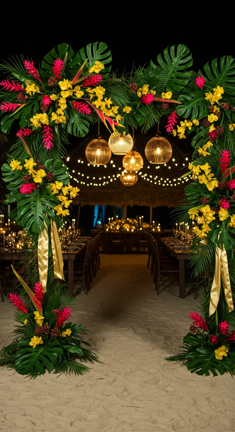 Arche florale jaune, fuchsia, monstera, rubans dorés, lampions suspendus, réception nocturne.