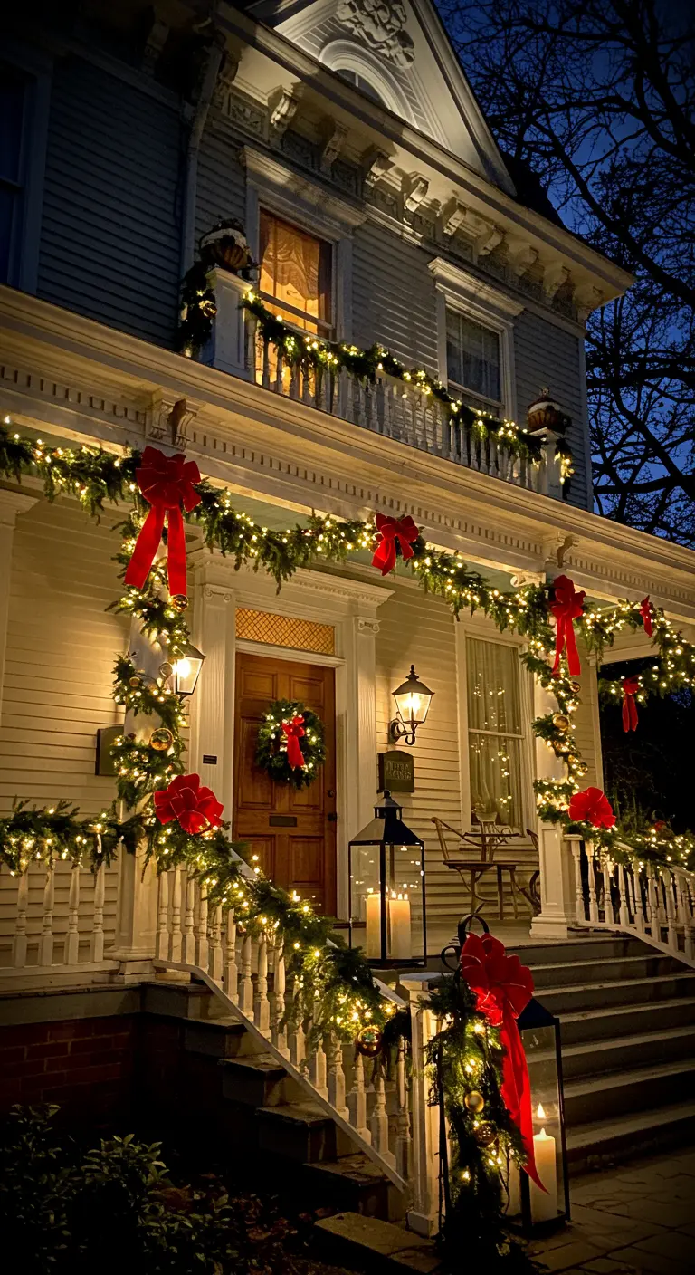 Façade de maison décorée de guirlandes lumineuses, rubans rouges, couronnes et grandes lanternes.