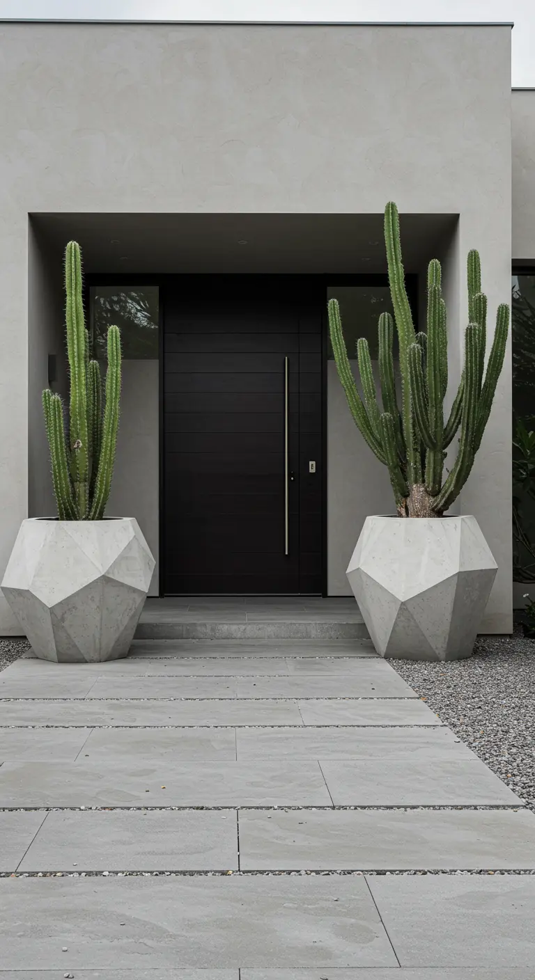 Deux grands pots géométriques en béton flanquant une porte d'entrée noire, chacun contenant un grand cactus.